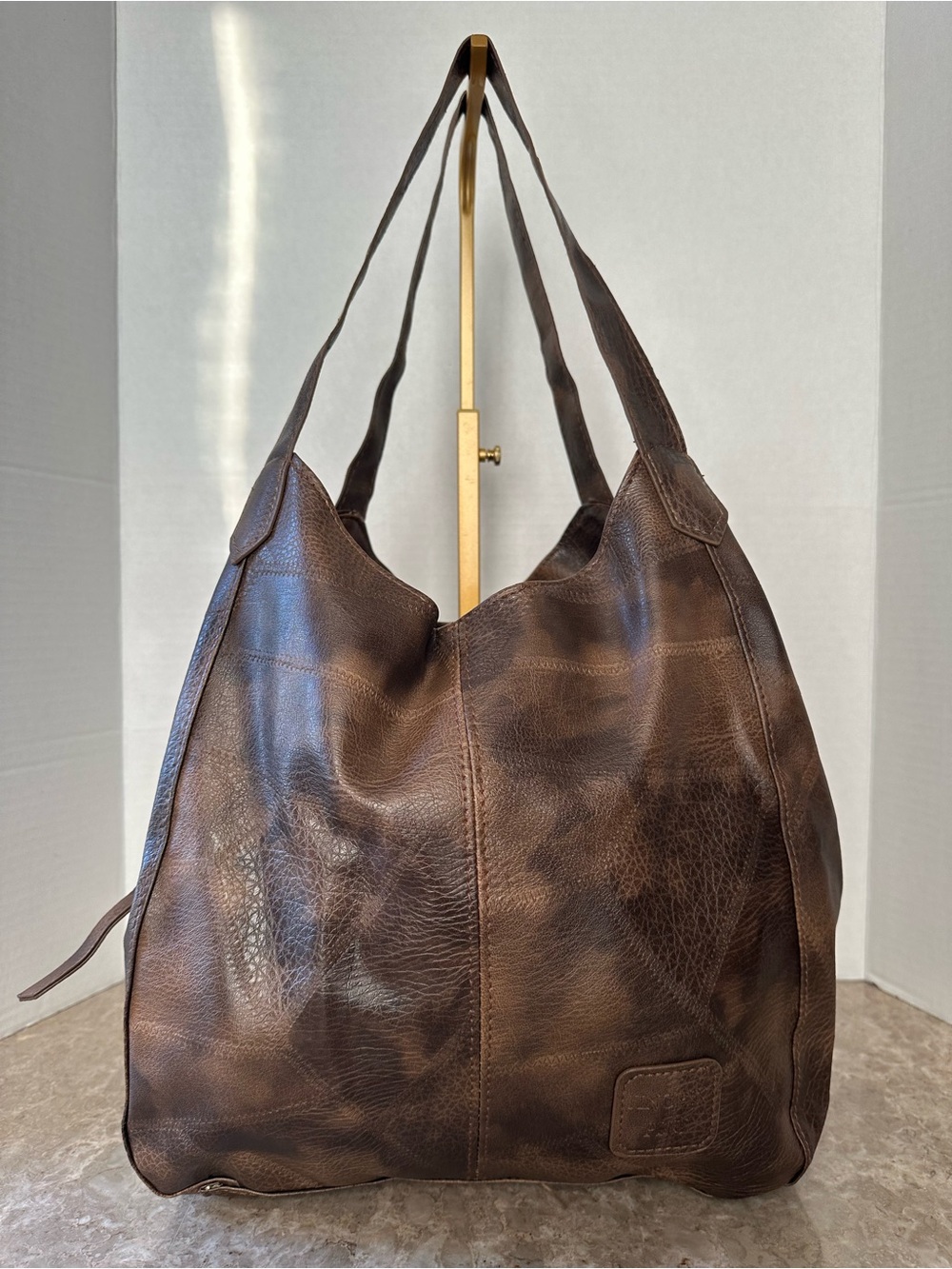 Distressed Slouchy Hobo Bag Brown Faux Leather Tote Boho Grunge Indie Purse